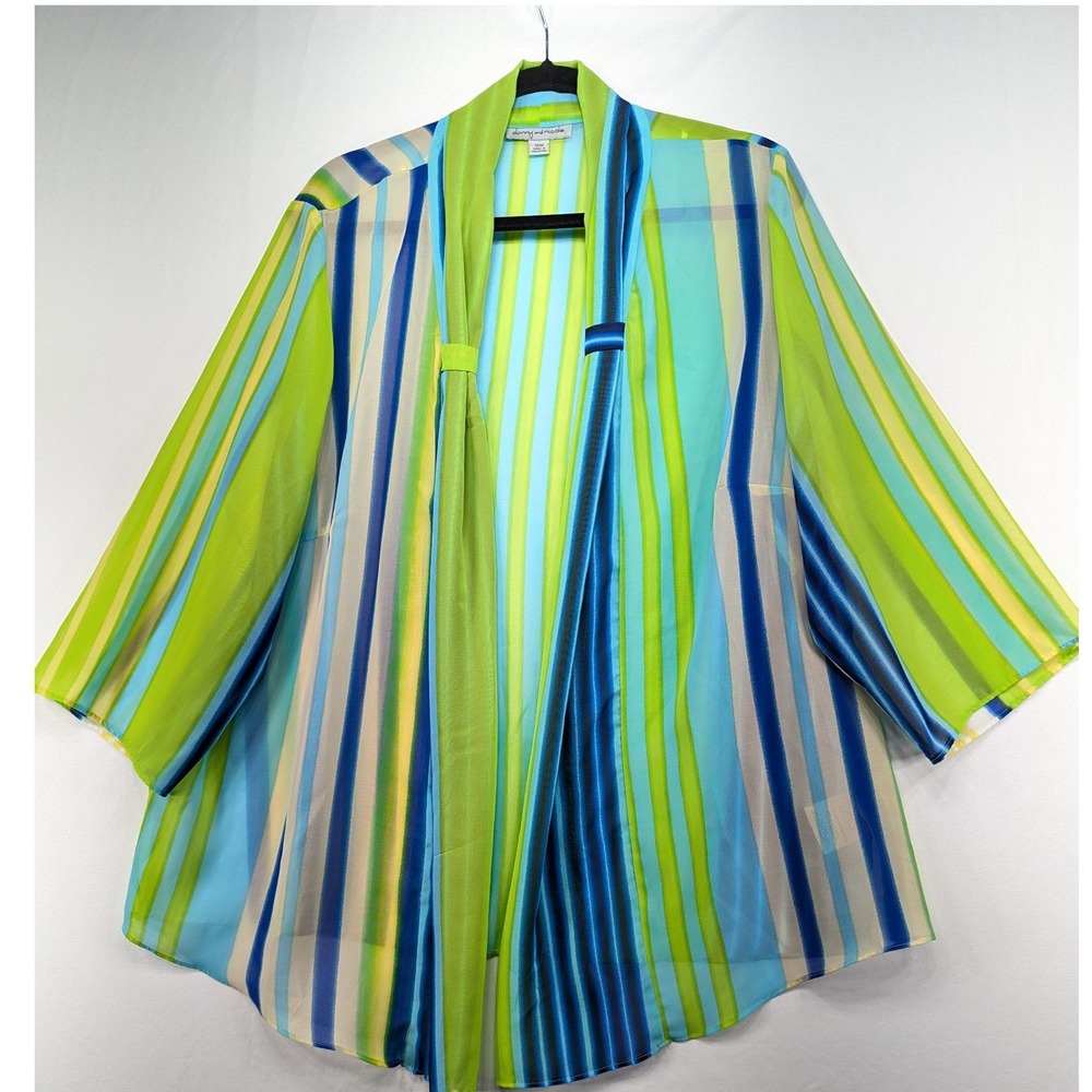 Danny and Nicole Womens 16W Sheer Striped Open Front Chiffon‎ Cardigan Blue